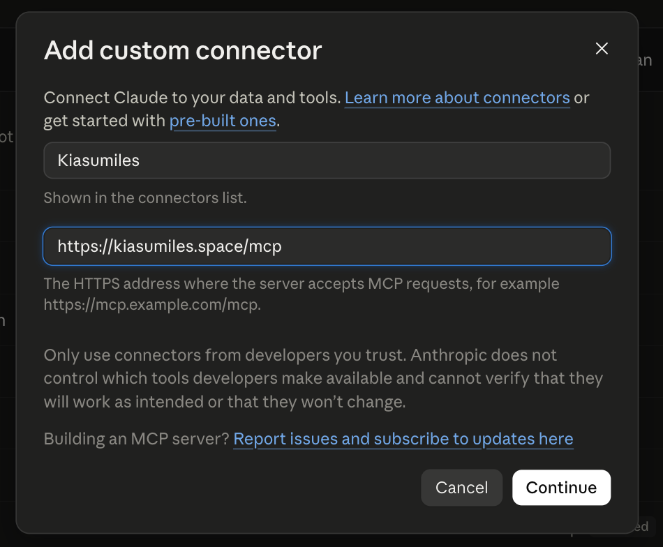 Claude Add custom connector screen filled with the KiasuMiles name and MCP address