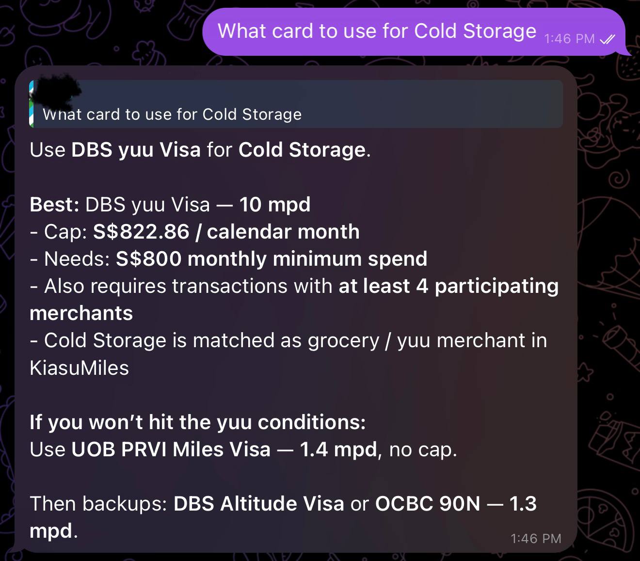 AI agent recommending DBS yuu Visa for Cold Storage, with conditions and backup cards